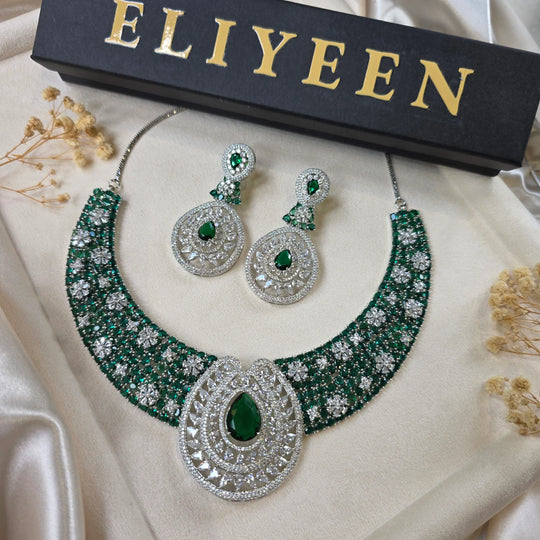 Emerald green statement necklace set with CZ detailing — white gold plated bridal jewellery — Eliyeen