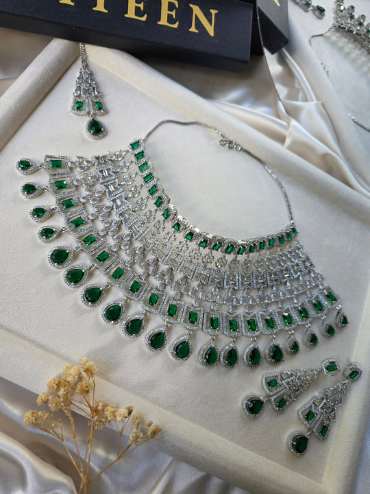 Aroush - Deep Emerald Green Necklace Set With Earrings
