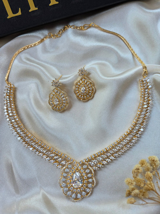 Ria - Bold Gold and Silver Cubic Zorconia Necklace Set With Earrings