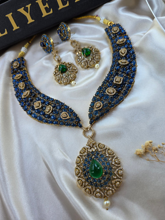 Blue sapphire antique gold choker set with emerald accent — oxidised bridal jewellery — Eliyeen