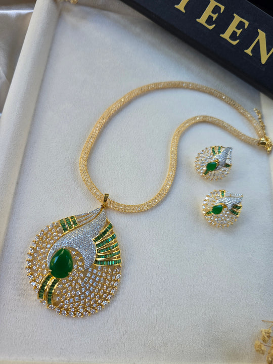 Gold Ruby/Emerald Statement Pendant Set With Earrings - Sila