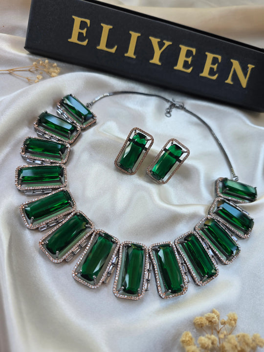 Emerald green rectangular statement necklace set with oxidised gold finish — bridal jewellery — Eliyeen
