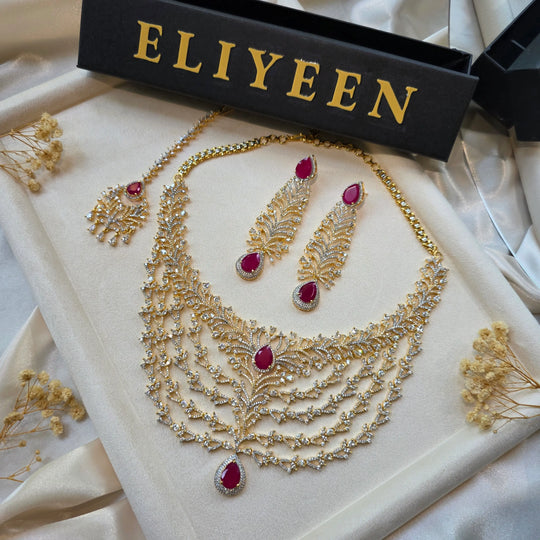 Linda - Gold Ruby/Emerald Statement Necklace Set With Earrings & Tika