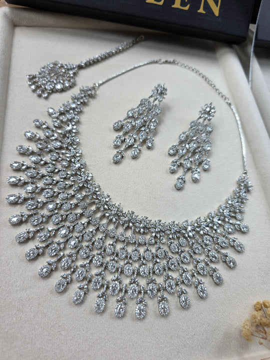 Statement Silver White Cubic Zirconia Necklace Set With Earrings — Marina