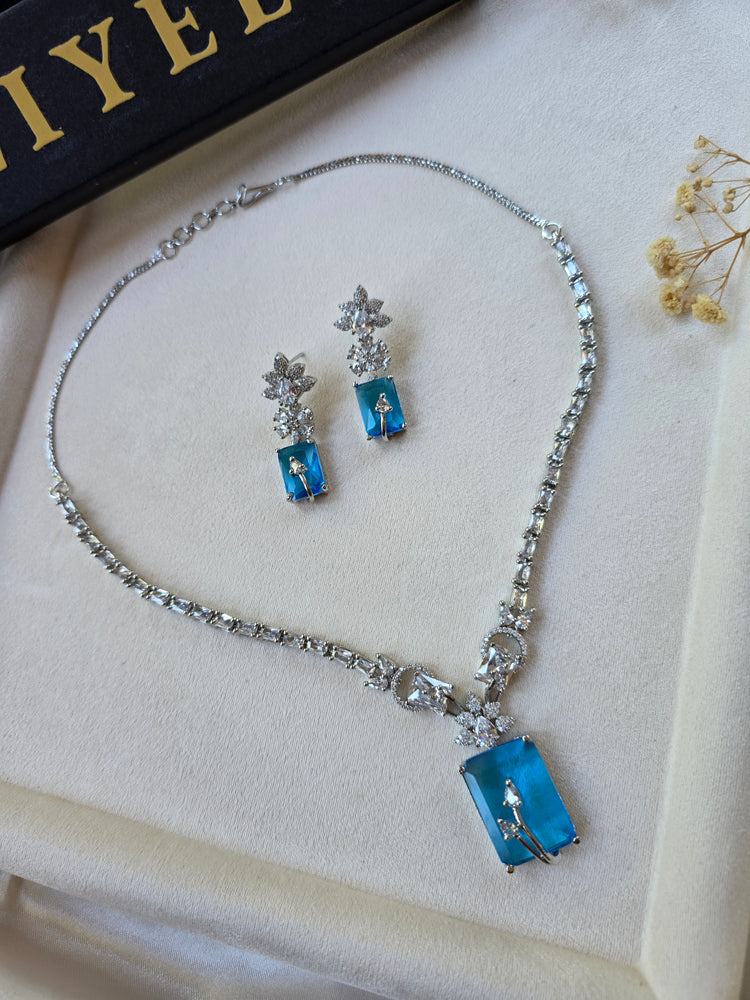 Deep Aquamarine Rectangular Necklace & Earrings Set — Isla