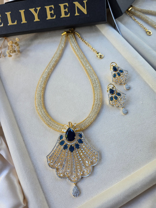 Gold Emerald/Sapphire Statement Pendant Set With Earrings - Prina