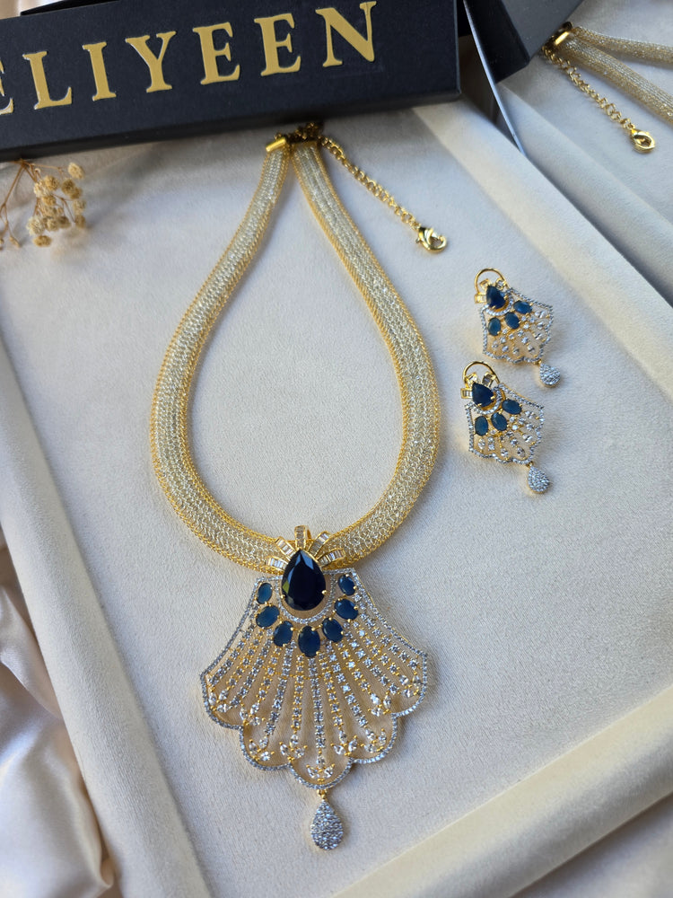 Gold Emerald/Sapphire Statement Pendant Set With Earrings - Prina
