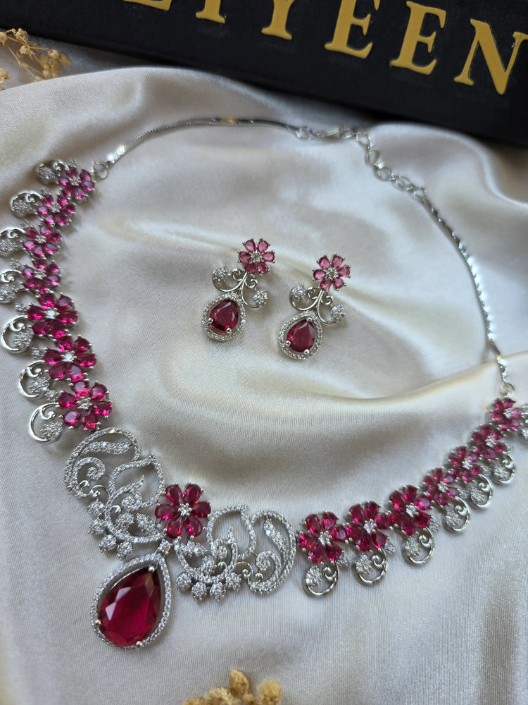 Soraya - Floral Gemstones Necklace Set With Earrings