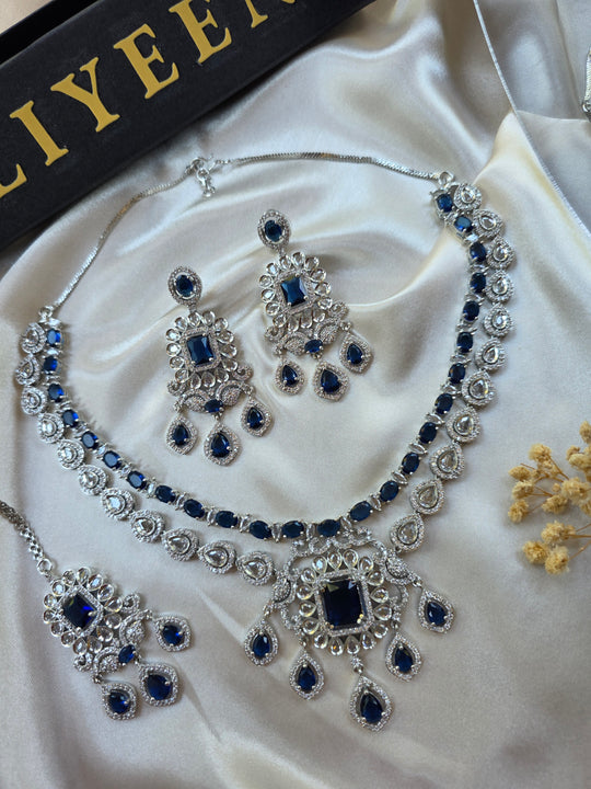 Lina - Bespoke Blue Sapphire Statement Necklace Set With Earrings & Tika