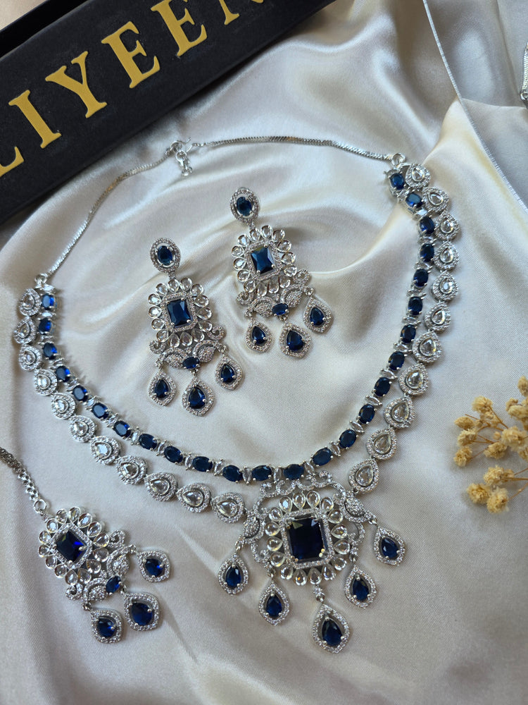 Lina - Bespoke Blue Sapphire Statement Necklace Set With Earrings & Tika