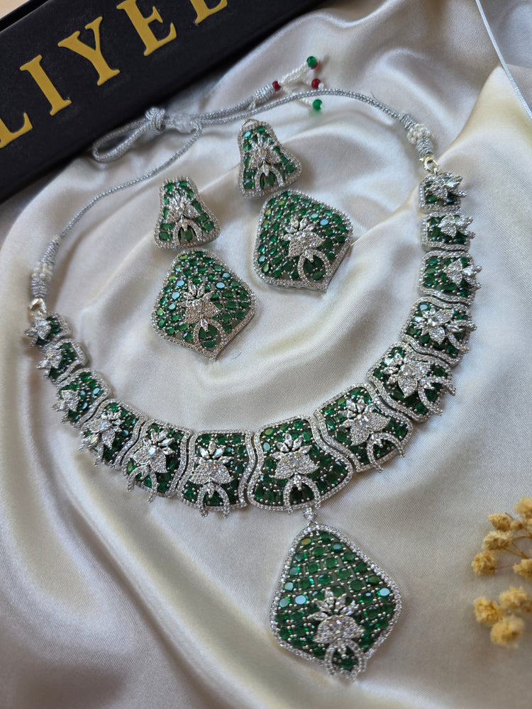 Bold emerald statement necklace set with CZ — white gold plated bridal jewellery — Eliyeen