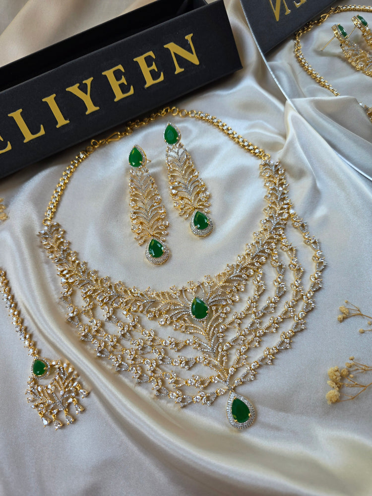 Linda - Gold Ruby/Emerald Statement Necklace Set With Earrings & Tika