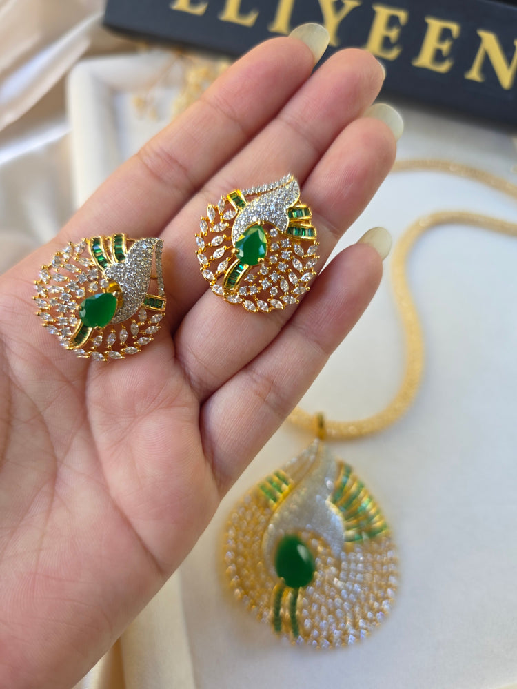 Gold Ruby/Emerald Statement Pendant Set With Earrings - Sila