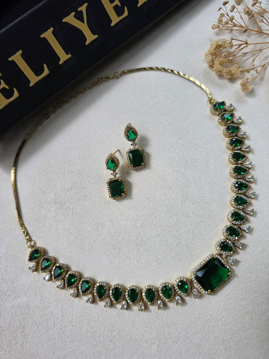 Richa - Gold Plated Emerald Green Necklace Set