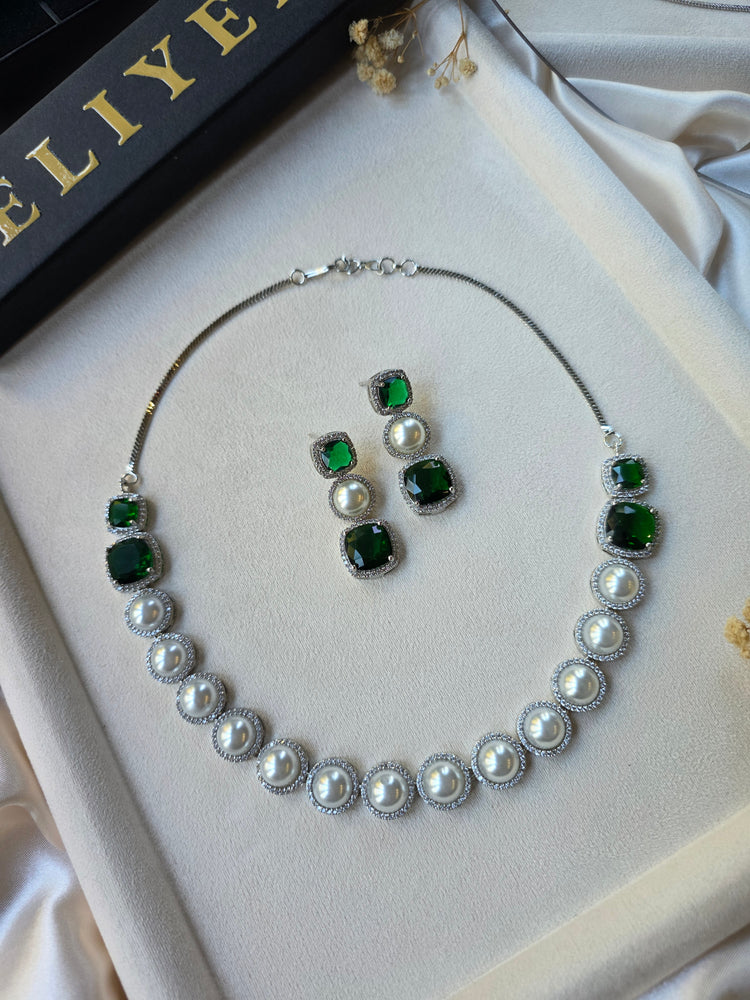 Emerald Green Pearl Necklace Earrings Set — Misba