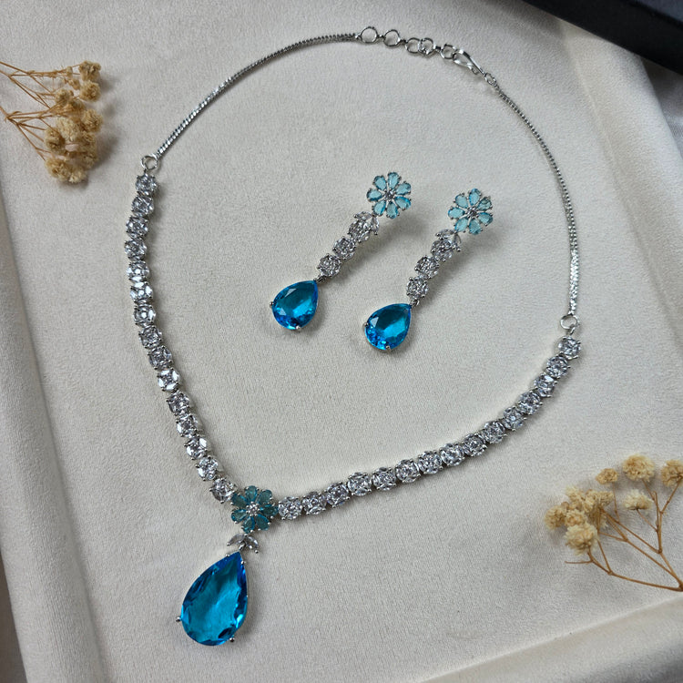 Stunning Deep Aquamarine Necklace Set With Earrings - Elodie