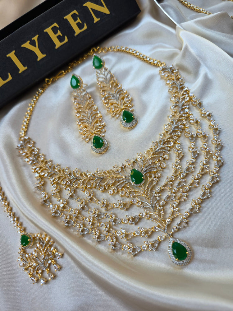 Linda - Gold Ruby/Emerald Statement Necklace Set With Earrings & Tika