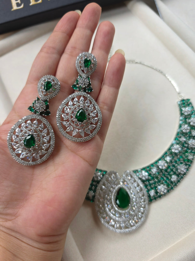 Bespoke Emerald Green Statement Necklace Set With Earrings — Maya