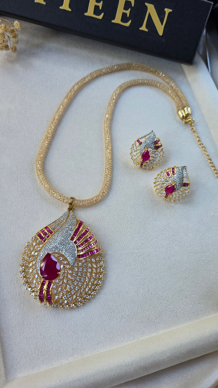 Gold Ruby/Emerald Statement Pendant Set With Earrings - Sila
