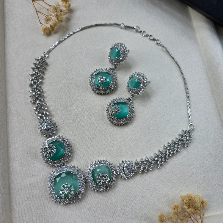 Mint Green Square Quartz Necklace Set with Earrings - Loula