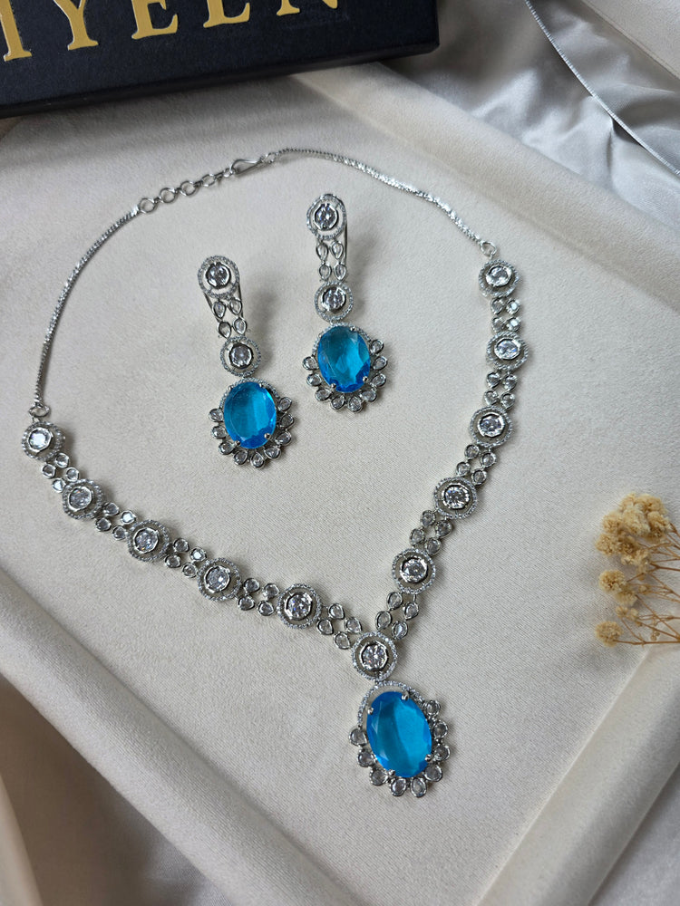 Beautiful Deep Aquamarine Necklace Set With Earrings - Esta