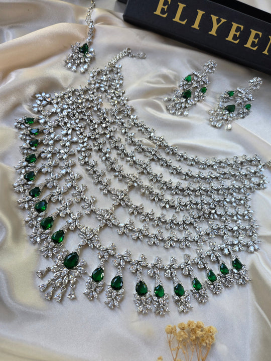 Eisha - Emerald Green Bridal Jewellery Set – Silver Crystal Necklace Earrings Tikka