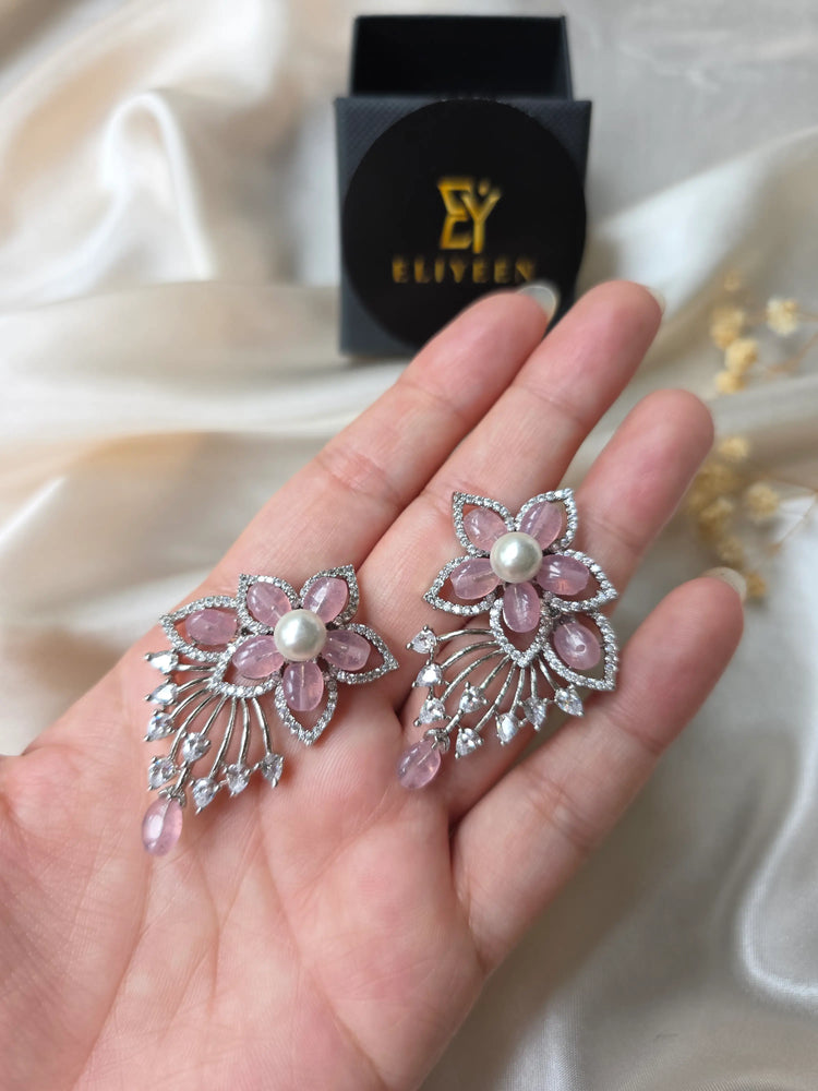 Aliyah - Pink Topaz Statement Earrings with Pearls