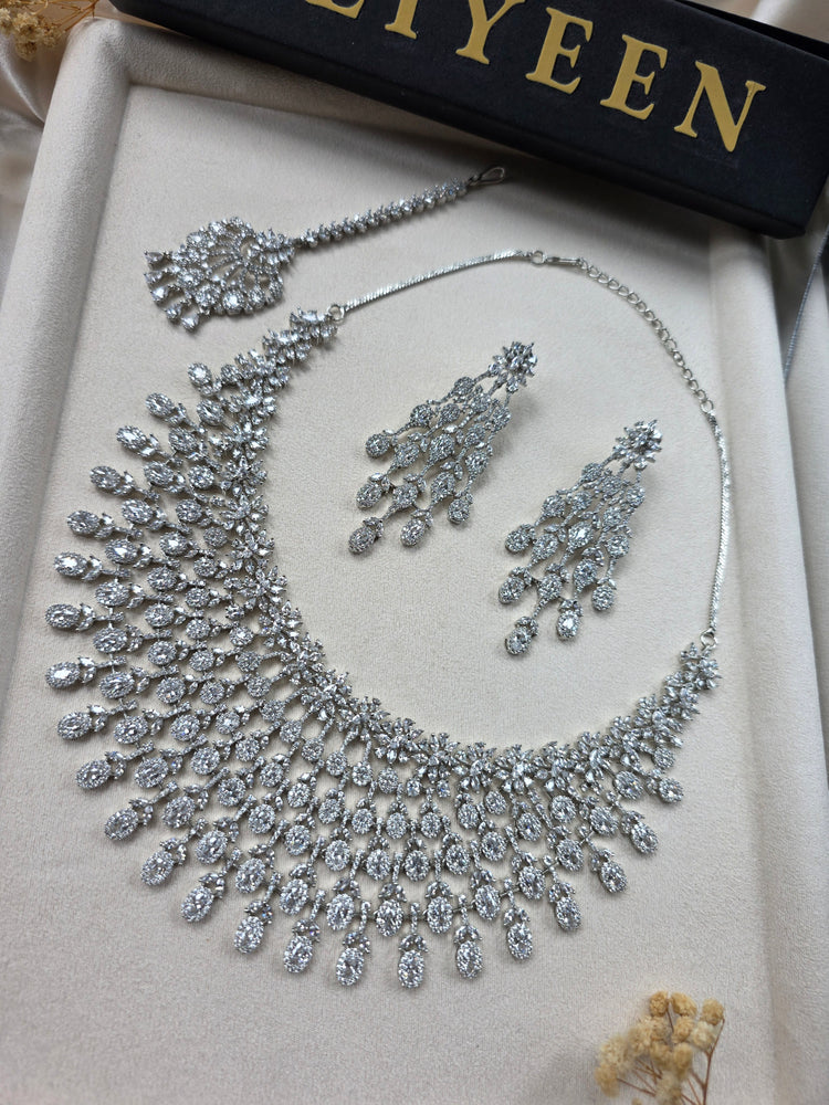 Statement Silver White Cubic Zirconia Necklace Set With Earrings — Marina