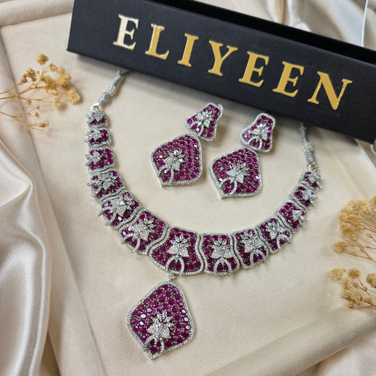 Bold ruby statement necklace set with CZ — white gold plated bridal jewellery — Eliyeen