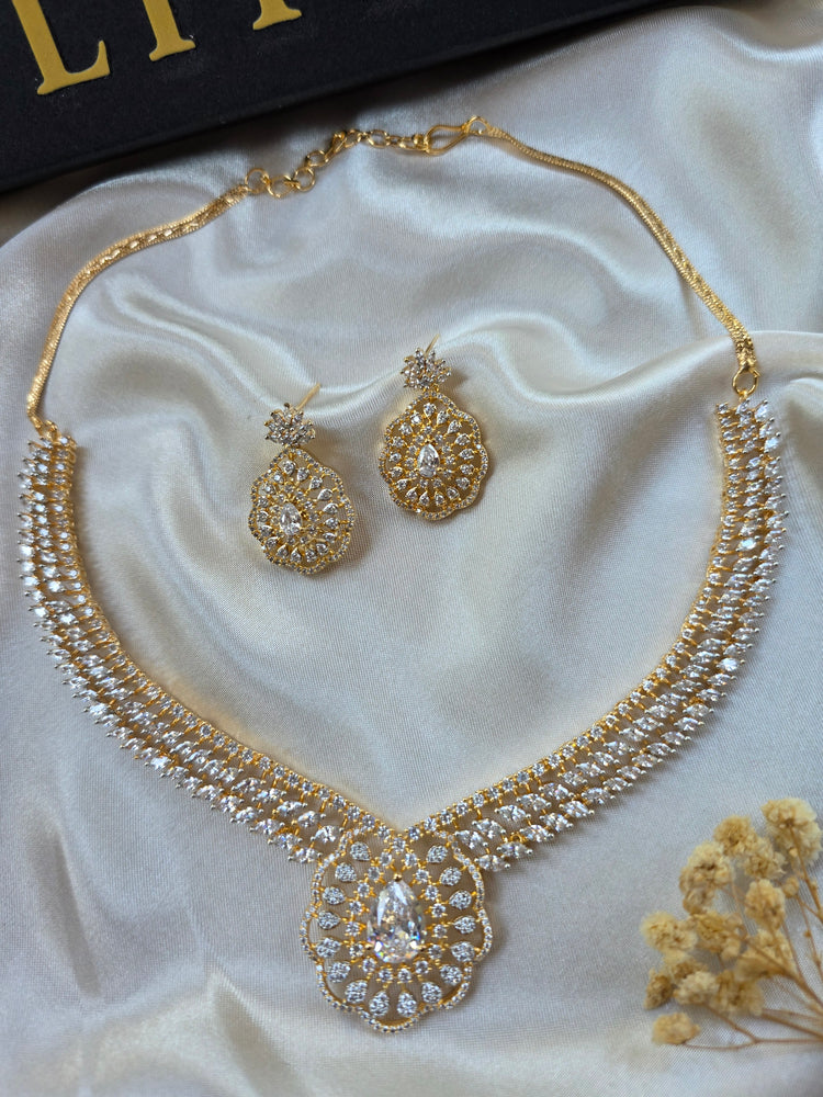 Ria - Bold Gold and Silver Cubic Zorconia Necklace Set With Earrings
