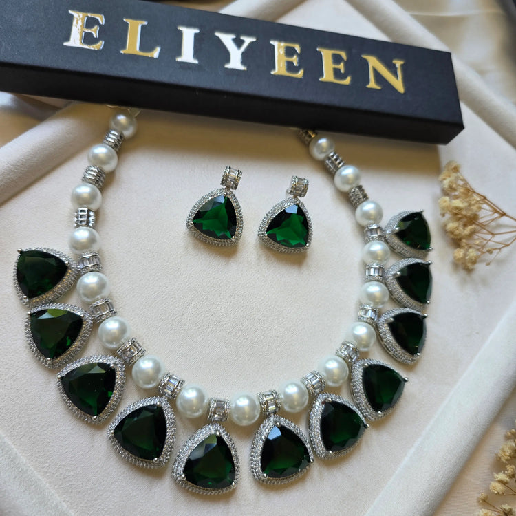 Ivy - Emerald Green Pearls Necklace Set With Earrings