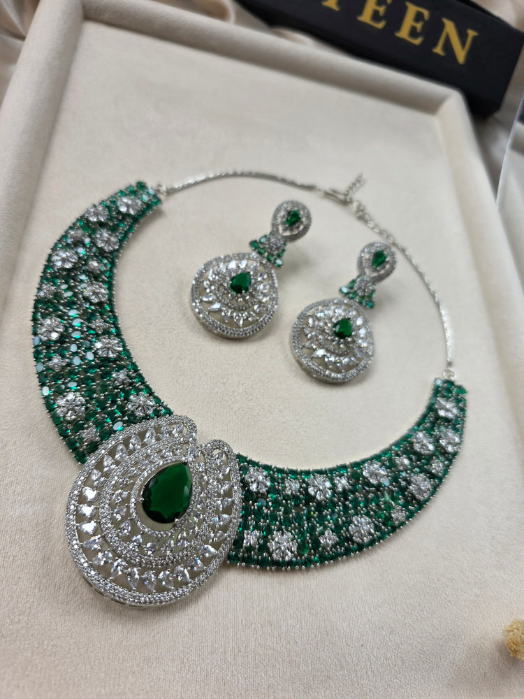 Bespoke Emerald Green Statement Necklace Set With Earrings — Maya