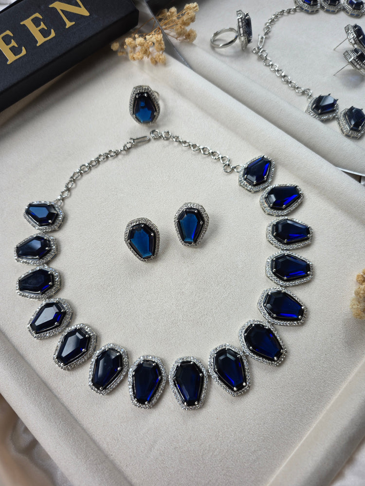 Bold Blue Sapphires Necklace Set with Earrings and ring — Vina