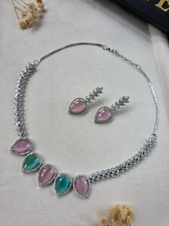 Classy Mint & Pink Quartz Necklace with Earrings — Sloane