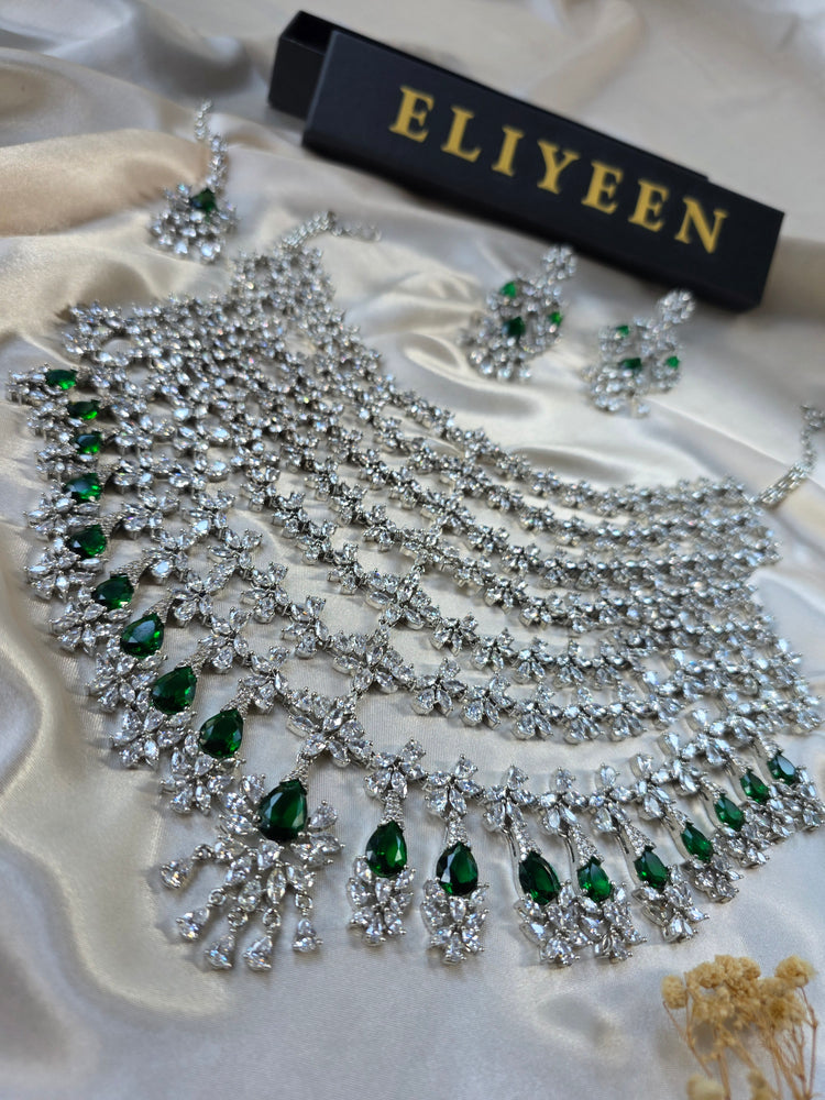 Eisha - Emerald Green Bridal Jewellery Set – Silver Crystal Necklace Earrings Tikka