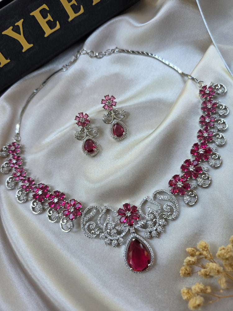 Soraya - Floral Gemstones Necklace Set With Earrings
