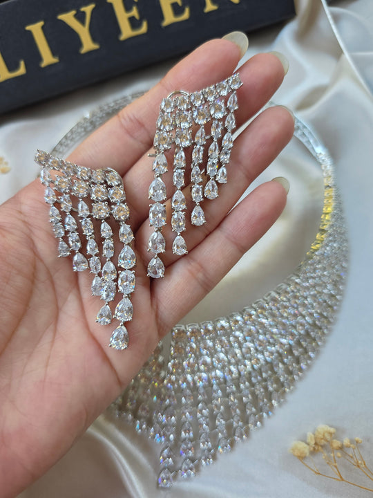 Granger - Statement Silver White Cubic Zirconia Collar Necklace Set With Earrings