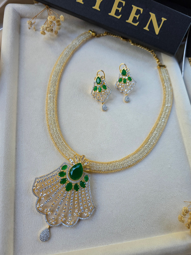 Gold Emerald/Sapphire Statement Pendant Set With Earrings - Prina