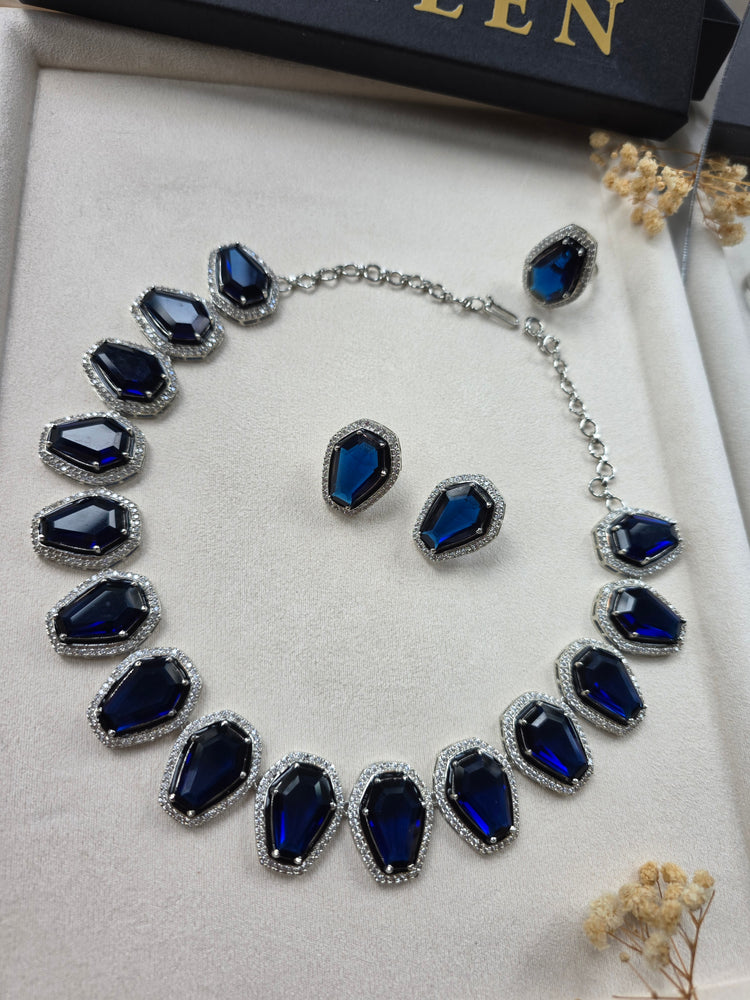 Bold Blue Sapphires Necklace Set with Earrings and ring — Vina