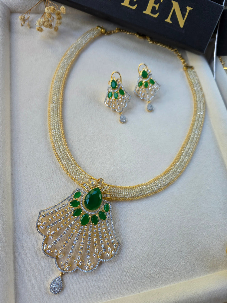 Gold Emerald/Sapphire Statement Pendant Set With Earrings - Prina