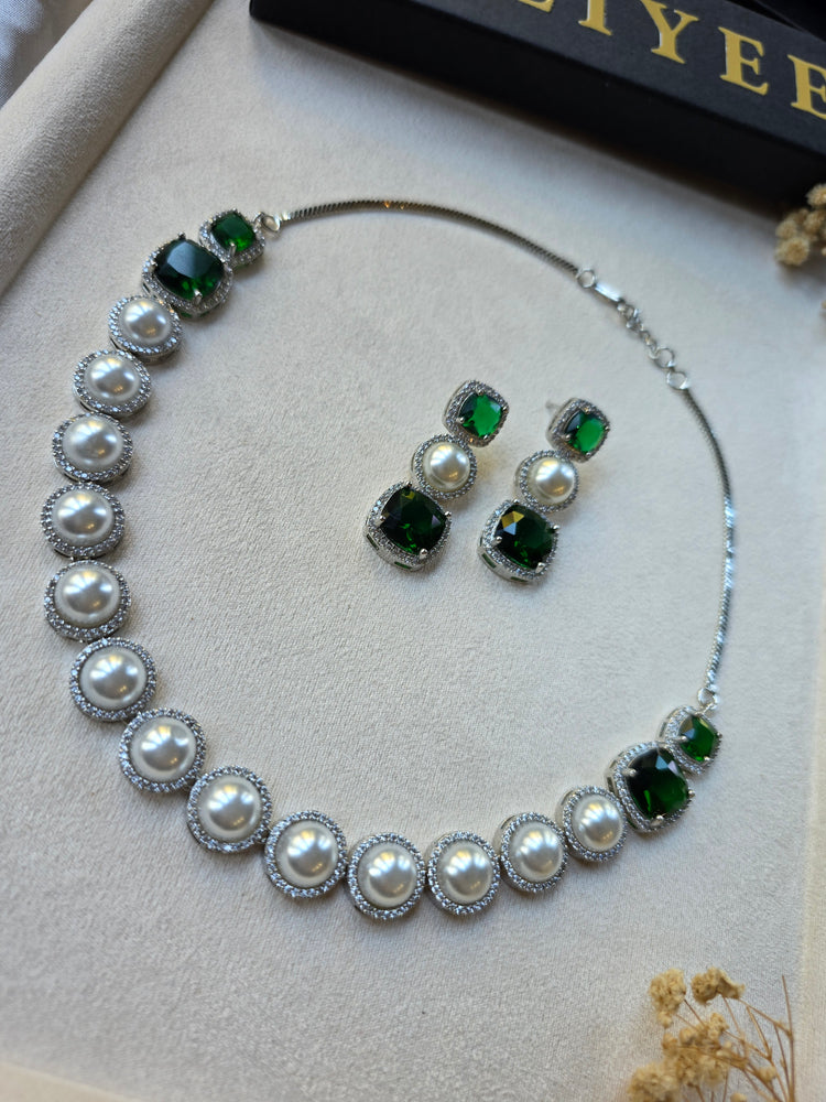Emerald Green Pearl Necklace Earrings Set — Misba