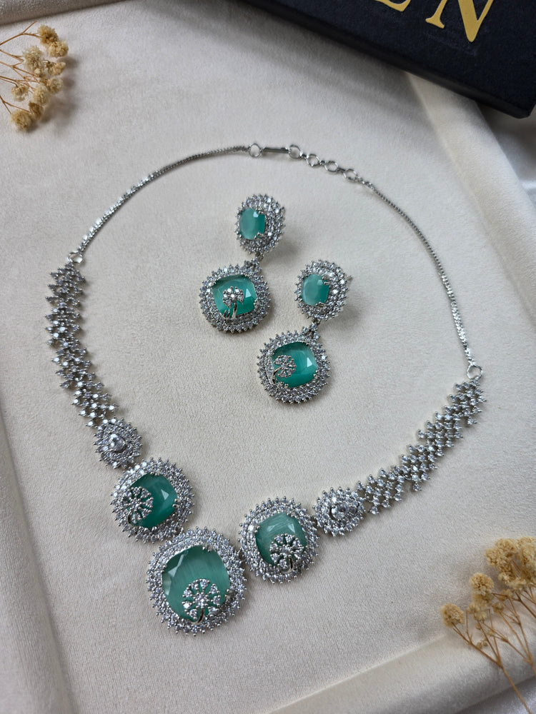 Mint Green Square Quartz Necklace Set with Earrings - Loula