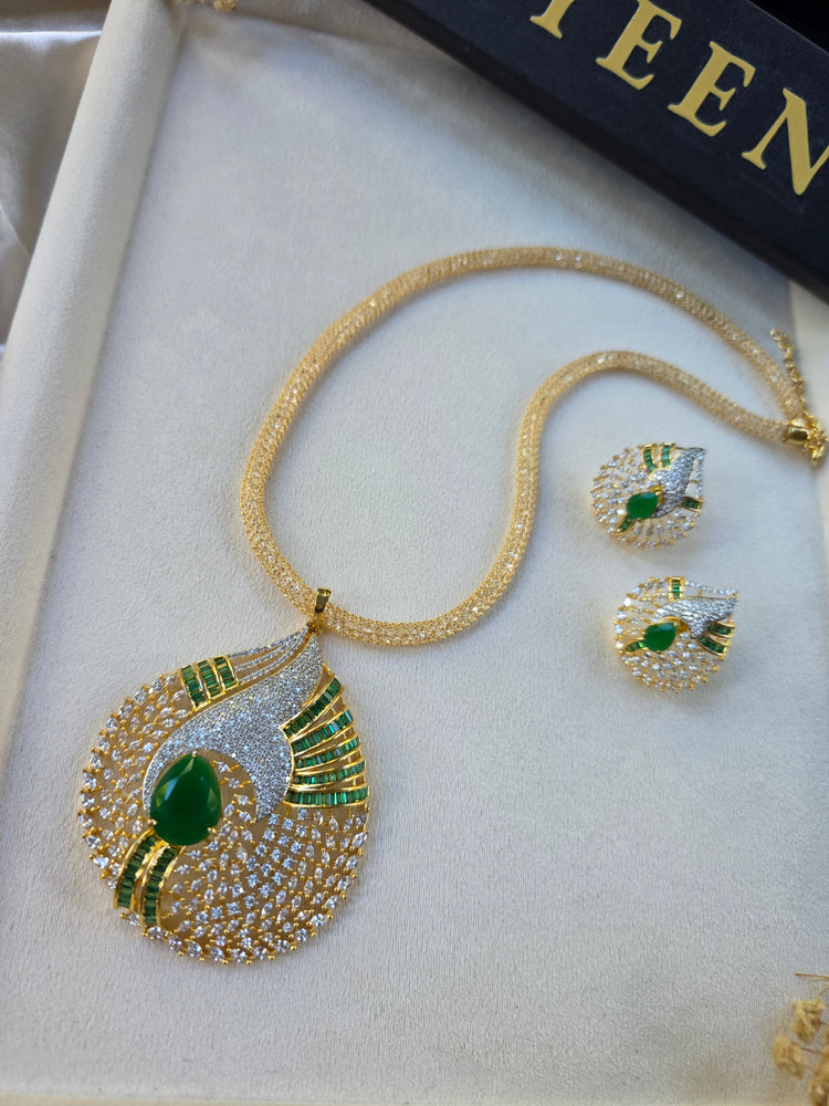 Gold Ruby/Emerald Statement Pendant Set With Earrings - Sila
