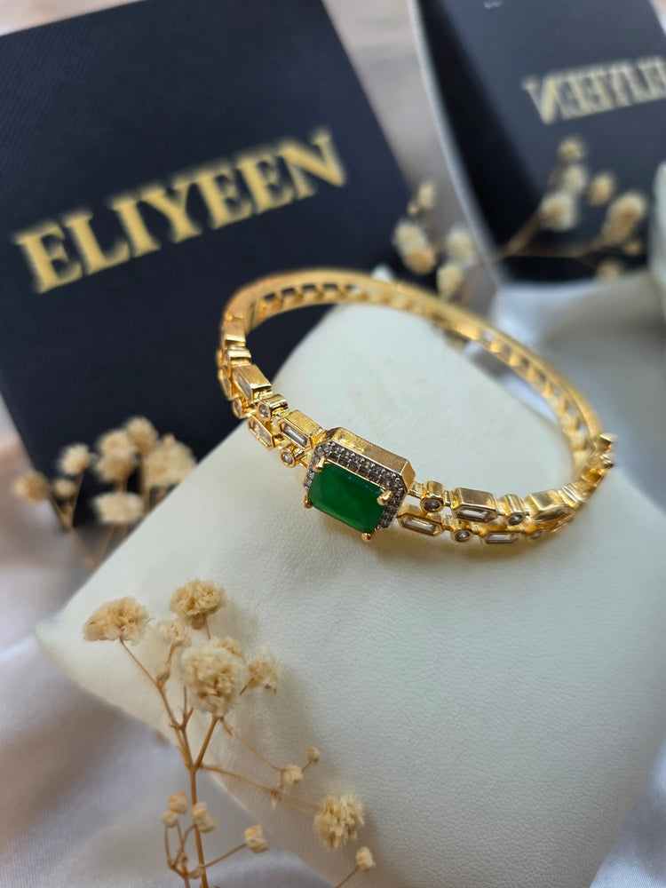 Emerald green gold plated openable bangle with CZ halo — bridal bracelet — Eliyeen