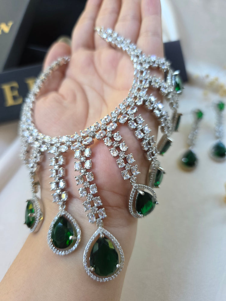 Lona - Bespoke Emerald & CZ Necklace Set With Earrings