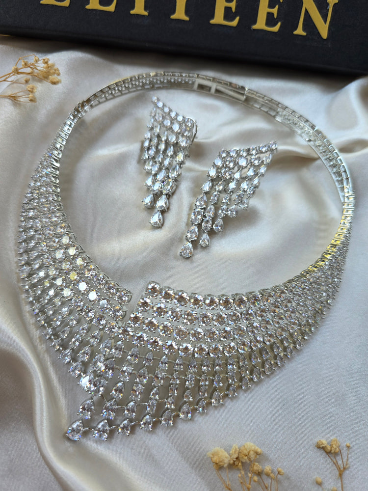 Granger - Statement Silver White Cubic Zirconia Collar Necklace Set With Earrings