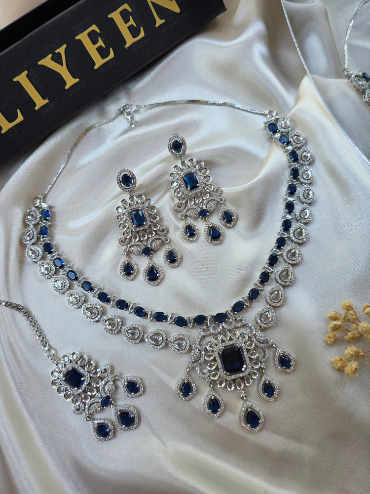 Lina - Bespoke Blue Sapphire Statement Necklace Set With Earrings & Tika