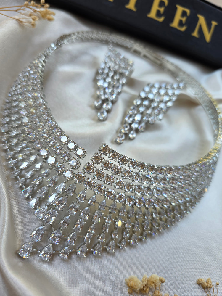 Granger - Statement Silver White Cubic Zirconia Collar Necklace Set With Earrings