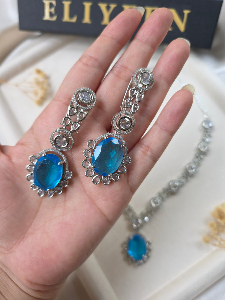 Beautiful Deep Aquamarine Necklace Set With Earrings - Esta