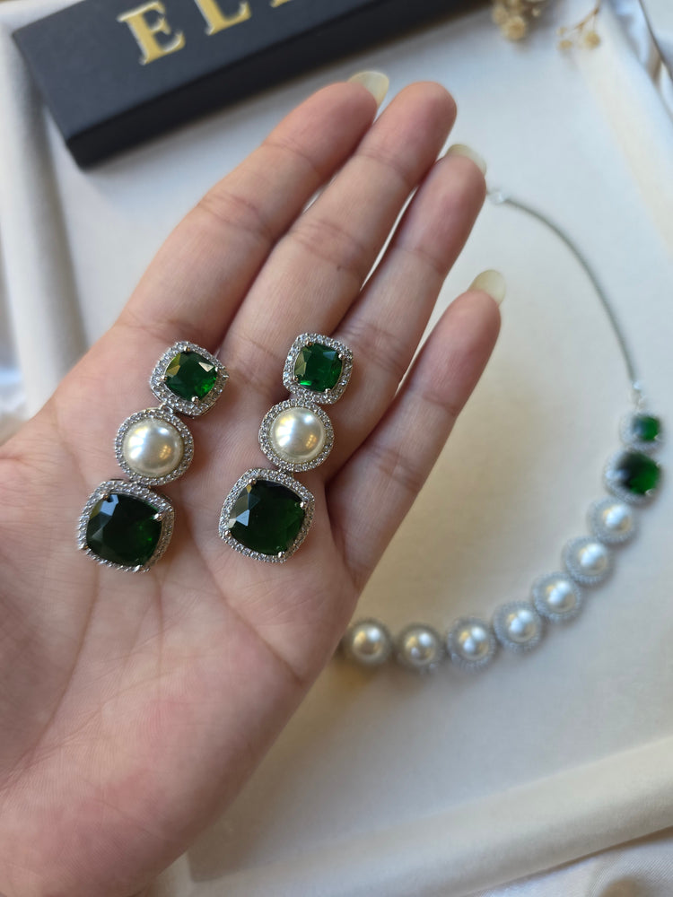 Emerald Green Pearl Necklace Earrings Set — Misba